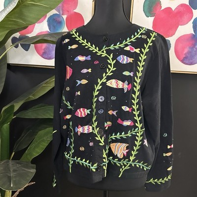 Michael Simon Cardigan Black Fish Embroidered Long Sleeve Button Up Size Large