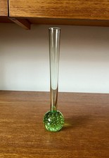 Green Glass Bud Vase Controlled Bubble Base Mid Century Art Glass Vintage