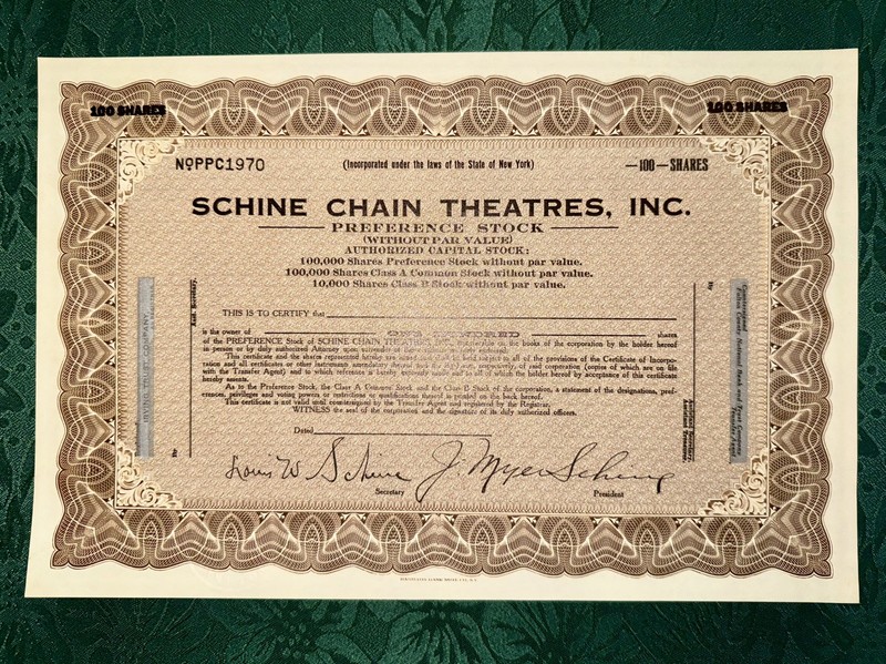 1920s Schine Chain Theatres, Inc. Stock Certificate - Unissued - 100 Shares