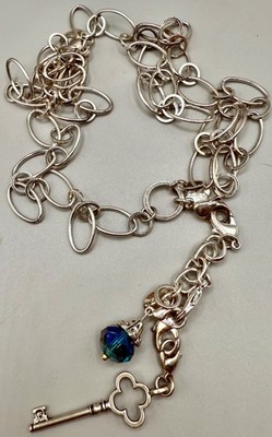 ESTATE SILVER TONE CHARM CHAIN RIVOLI GLASS KEY ORIGAMI OWL SIGNED NECKLACE 28''