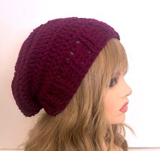SLOUCHY BEANIE HAT CAP FUCHSIA PURPLE TEXTURED EDGE ACRYLIC HANDMADE CROCHET