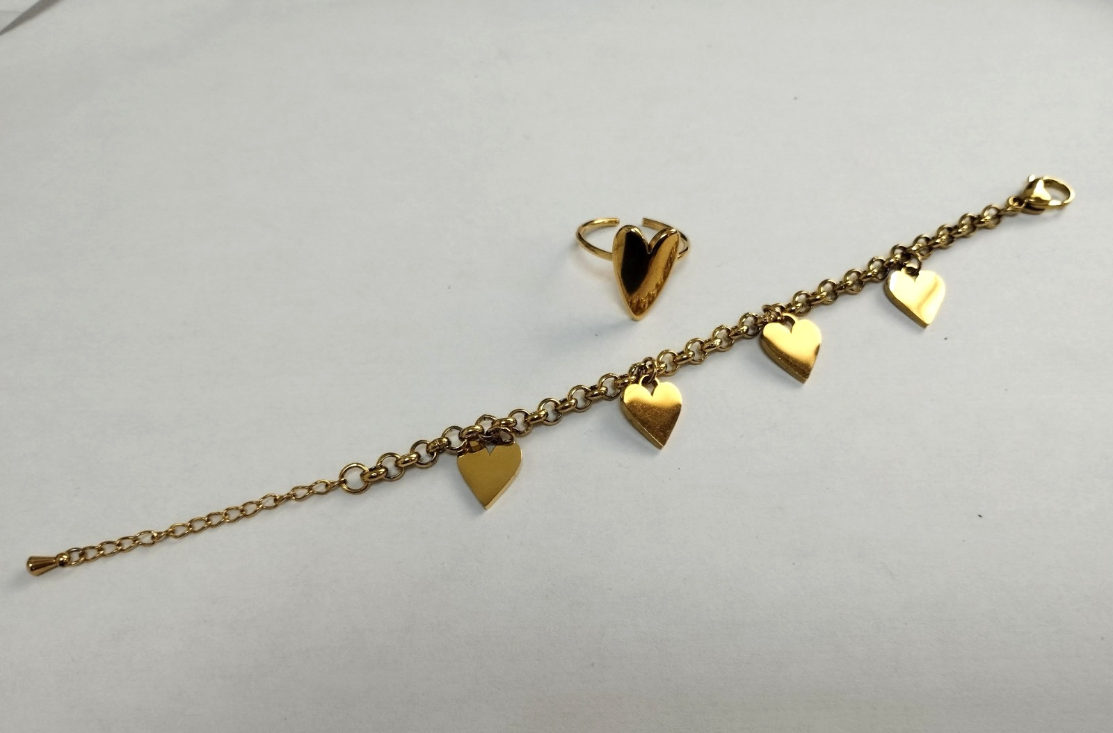 Parure dorée Coeur art moderne avec bague ajustable et bracelet aux finitions miroir