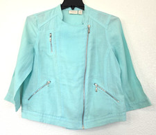 Chicos Women's Jacket Linen Aqua Blue 3/4 Sleeve Asymmetrical Zipper Moto 1 / M