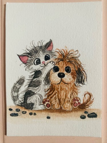 Aceo original painting cat and dog 100% hand painting 2.5 x 3.5 inch Art card
