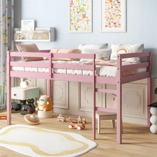 Wooden Twin Loft Bed with Ladder, Bed Platform of Strengthened Slats, Pink