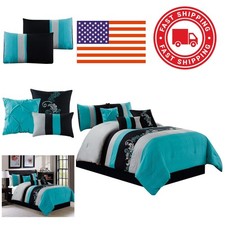 Luxury Leaves Scroll Embroidery Bedding Comforter Set Queen Teal Blue Gray Black