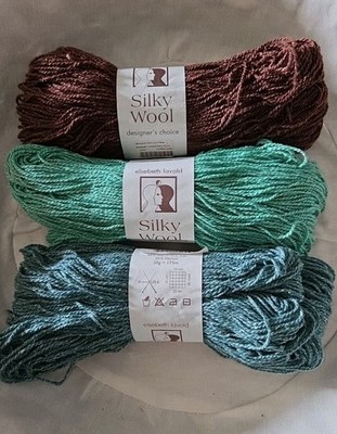 Elsebeth Lavold Silky Wool 3 Skeins, Mix Lot.  COFFEE BEAR, KELLY GREEN, GREEN