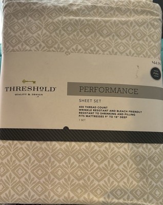 New Threshold Full Size Performance 400 100% Cotton Sheet Set Tan Diamonds