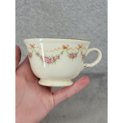 Vintage Floral Swag Tea Cup Cream Porcelain Pink Rose Bows Gold Trim Footed