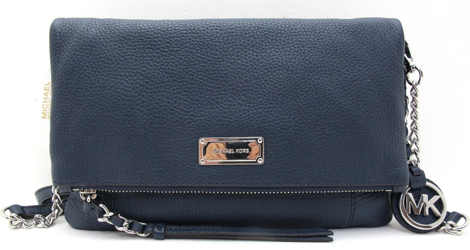 NEW Auth. MICHAEL KORS CORINNE Leather MD Messenger Convert Clutch Navy/Silver - Image 2 of 4