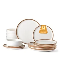  Plates and Bowls Set, 12 Pieces Farmhouse Ceramic Dinnerware Sets, Scratch 