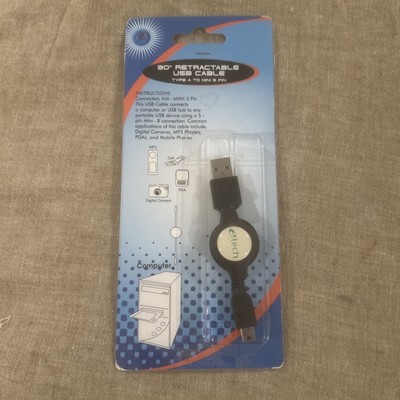 NOS 30  Retractable USB Cable Type A Male to 5 Pin Mini B Connector, eTech