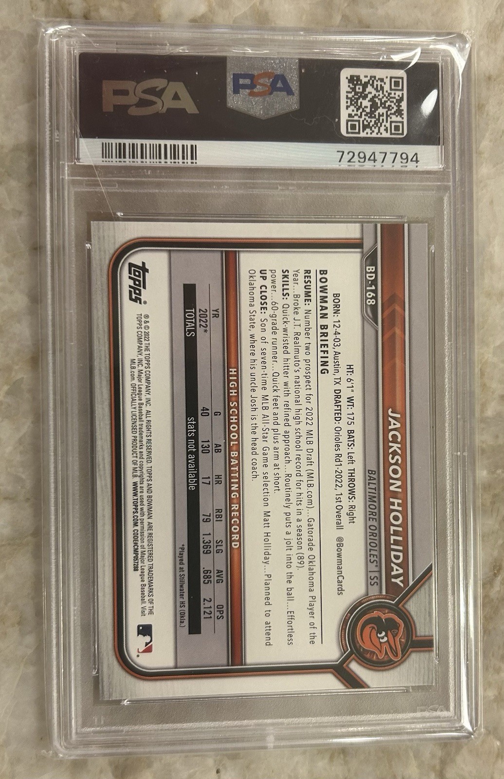 Topps 2022 Bowman Draft Jackson Holliday 1st Bowman PSA 10 #BD-168 Orioles view 2