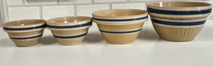 Vtg Yellow Ware Set of 4 Mixing Bowls Blue Bands Stripes