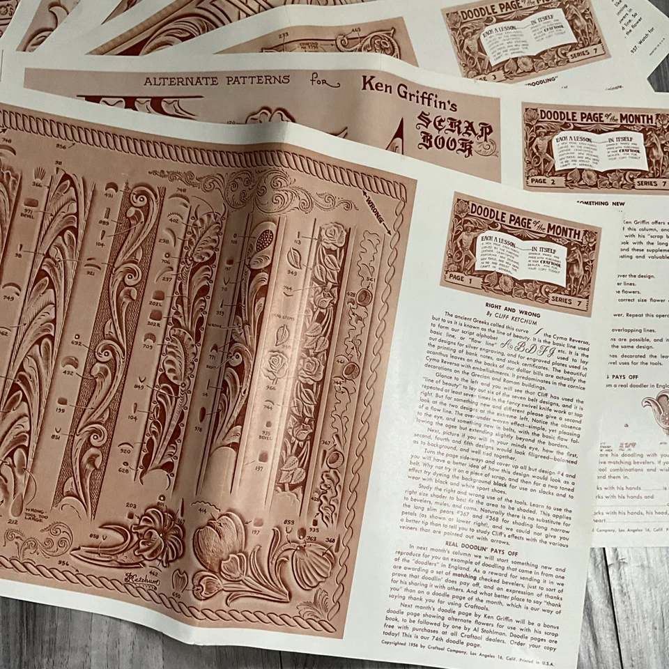 Craftool Doodle Page Of The Month Series 7 Complete Set 12 1956 Leathercraft - Image 2 of 4