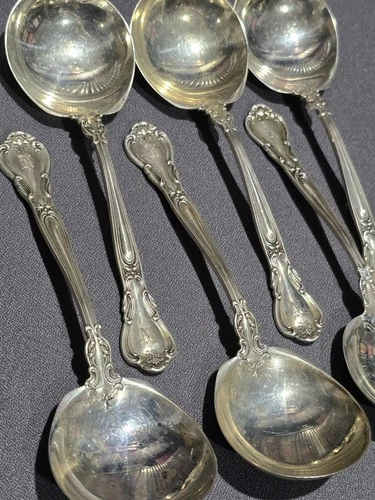 6 Antique 1850-1899 Gorham 'Chantilly' ~ 5" Sterling Silver Soup Spoons 131g