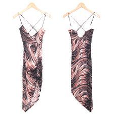 NWT Windsor Pink & Black Swirl Midi Dress Asymmetrical Side Ruch Women's Large