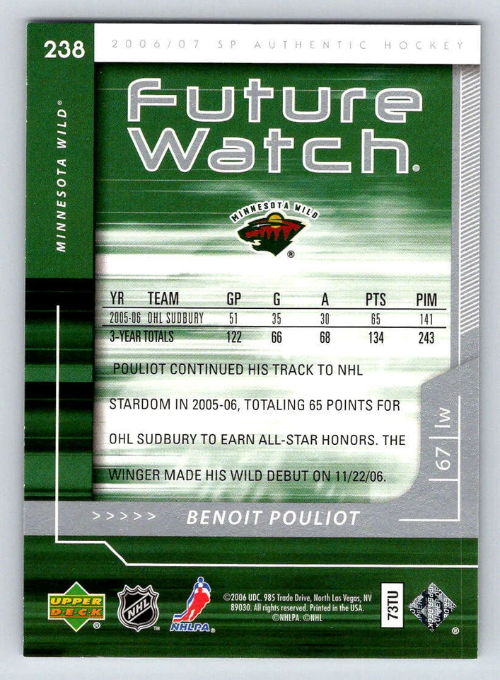 2006-07 SP Authentic #238 Benoit Pouliot RC 999 (ref 188586) - Image 2 of 2