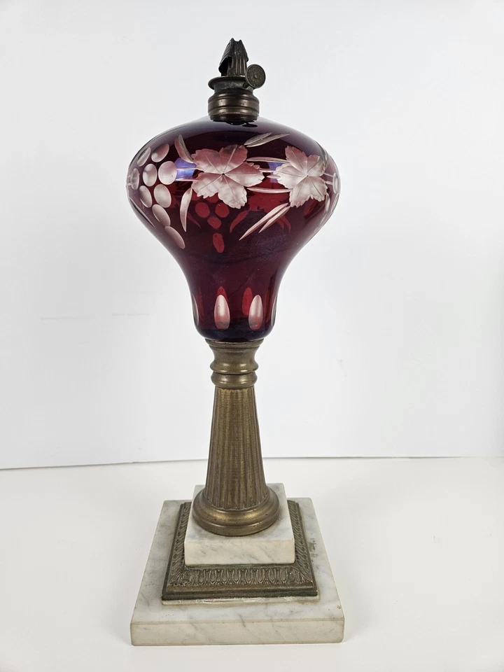 Antique 1870's MILLER Etched Cranberry Cut To Clear Victorian Footed Oil Lamp - Image 3 of 4