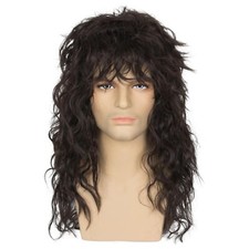Mens Long Dark Brown Mullet Rocker Wig Eddie 80s Curly Wig Halloween Party Hair