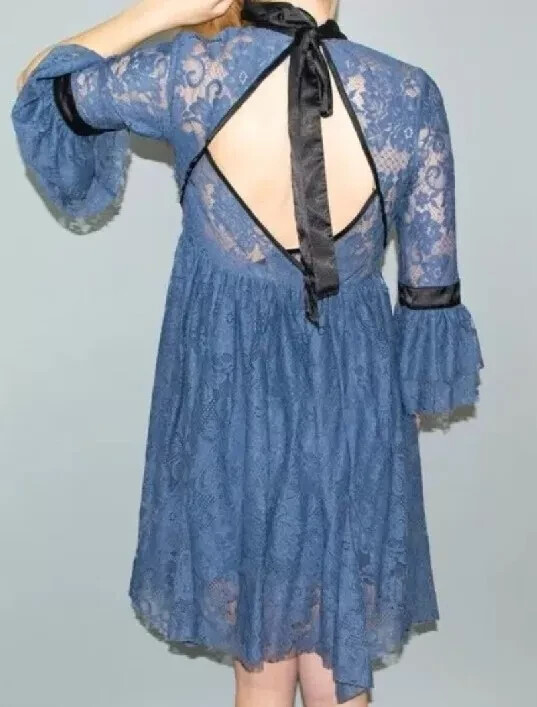 Free People Gilded Lace Victorian Mini Dress Dusty Blue Small P Free People Gilded Lace Victorian Mini Dress Dusty Blue Small P