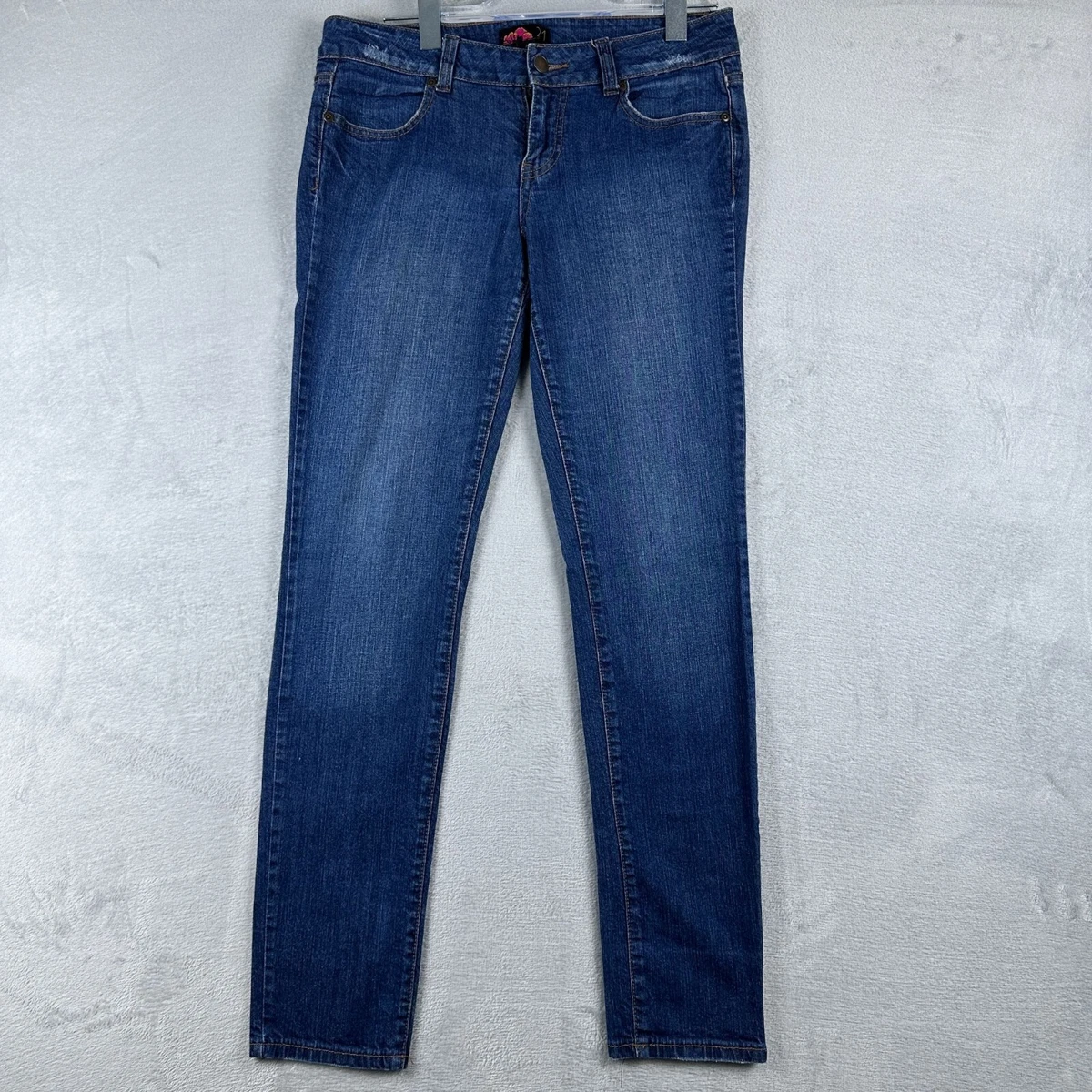 Pantalones de mezclilla ajustados Forever 21 para mujer talla 29 tiro bajo elásticos azul oscuro lavado