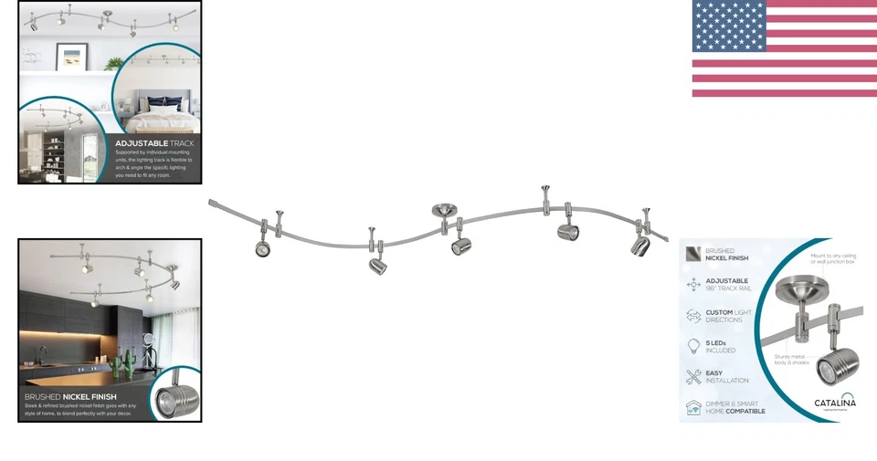 Luz de techo Flex Track LED de 5 luces de níquel cepillado 96", ajustable e inteligente H... Foto 2 de 4