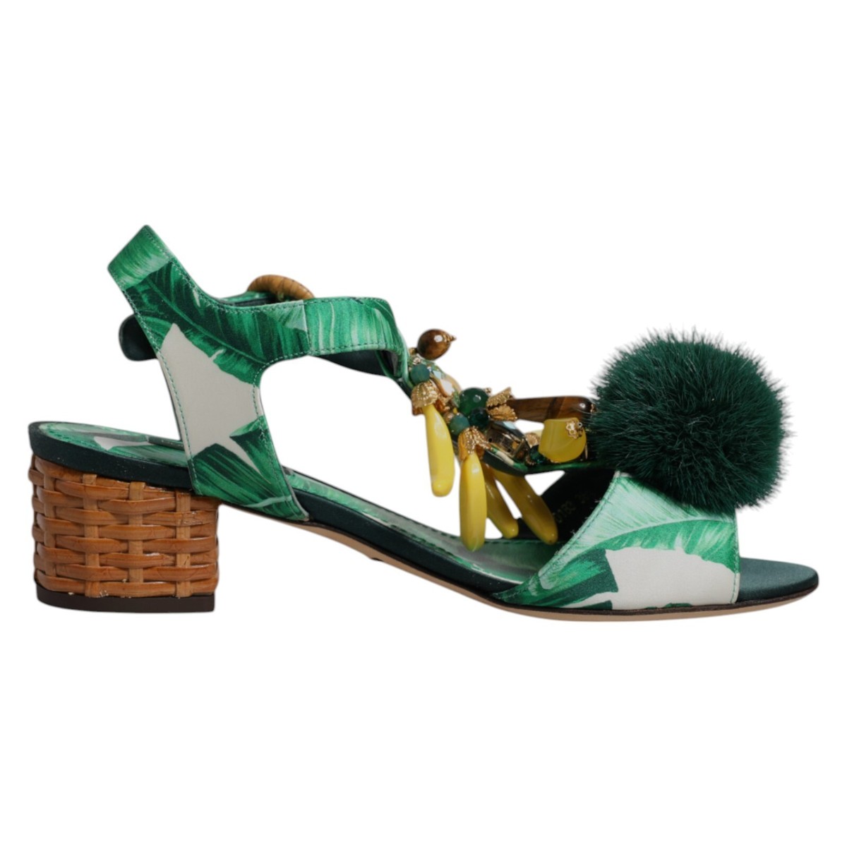 DOLCE & GABBANA Shoes Green Crystal Fur Embellished Sandals EU36.5