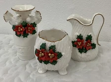 Lot 3 Hermitage Vtg  Pottery Ceramic Holly &Berries Christmas Holiday Decor