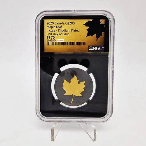 Canada 2020 200$ Rhodium Plated Incuse Gold Maple Leaf Gold Coin NGC PF70