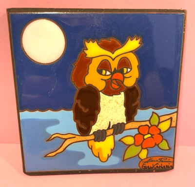 Gran Canaria Moon and Owl on Branch 4 1/4'' Square Tile by Alicia Peuiu