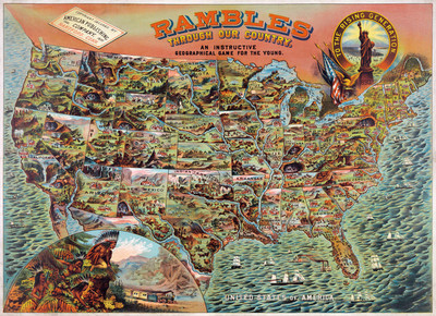 VINTAGE 1890 USA MAP ART PRINT - Rambles through our Country Game Poster 26x34