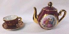 Vtg Limoges Style Teapot Cup Saucer Japan Ceramic Miniature Dollhouse