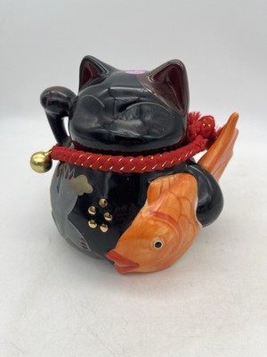 Maneki-neko Black Ceramic Lucky Cat & Koi Fish Piggy Bank Money Box Approx 5 