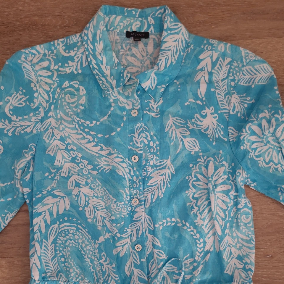 Vestido Talbots Mujer 6 Azul Blanco Cachemira Lino Algodón Camisa Midi Corbata Cintura Foto 3 de 4