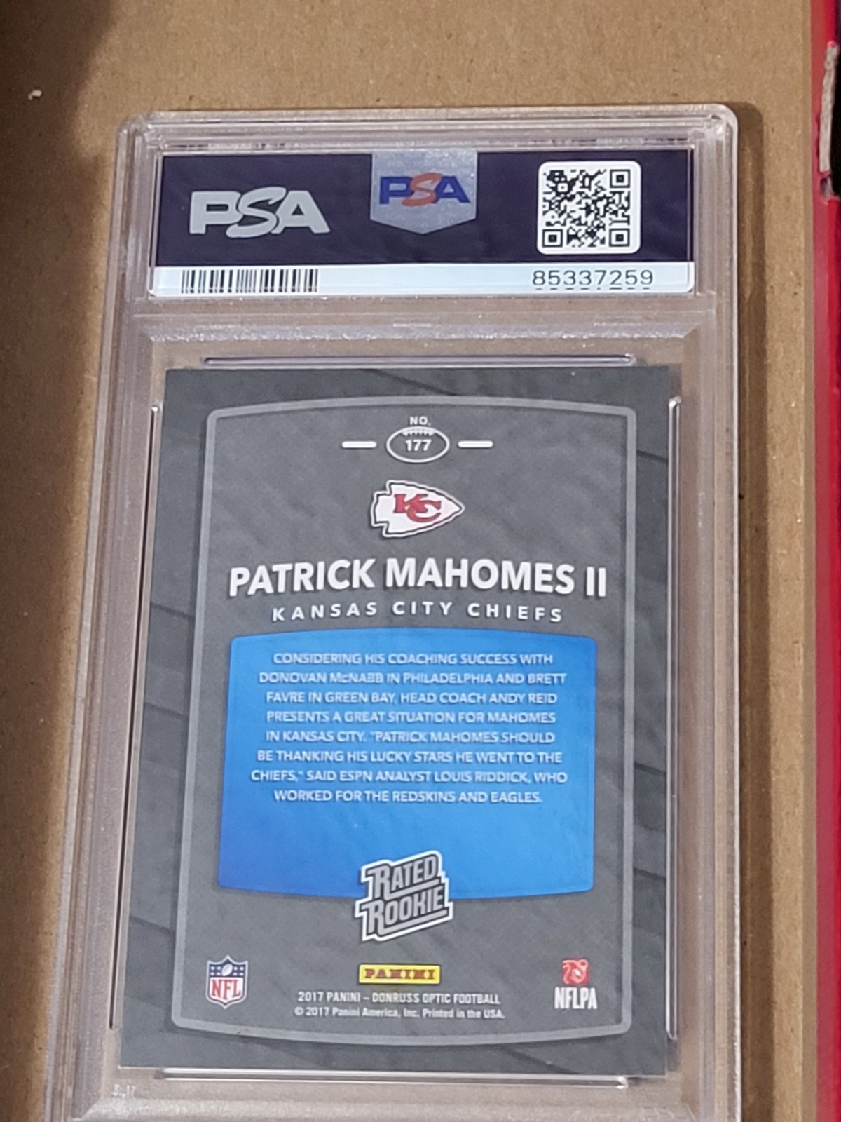Patrick Mahomes II 2017 Optic Rookie #177 PSA 10 Gem Mt view 2