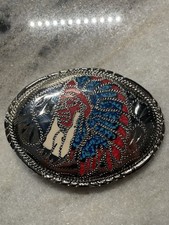 Indian Chief Turquoise Western Cowboy Vintage Belt Buckle 1980s Southwestern