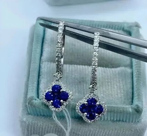 Authentic 2Ct Round Cut Lab-Created Sapphire Clover Dangle Earrings 14K White Gold Plated