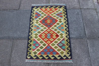 Tapis Kilim Vintage Vert Oriental Fait Main Laine 104x68 cm Rectangulaire - Photo 1/4