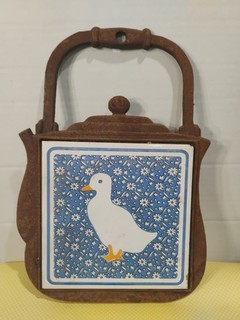 Vintage Cast Iron and Ceramic Tile Trivet DUCK WITH FLOWERS in Kettle Shape
