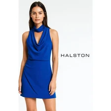 NWOT HALSTON Cobalt Blue High Cowl Neck Ruched Side Sleeveless Mini Dress Size 2