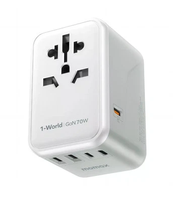 Momax 1-World 70W GaN Universal Travel UK EU AU US Multi Plug Adapter - White