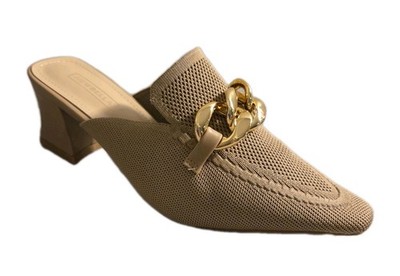 Newbella Knit Pointed Toe Mules Apricot Beige Gold Chain Block Heel Slides 7.5