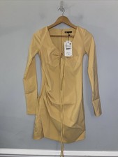 Zara Dress XS Yellow Long Sleeve Short Side Slit Tie Detail Party 