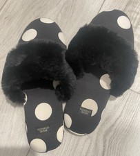 Victoria s Secret Satin Slippers Black White Polka Dot Faux Fur Small Size 5-6