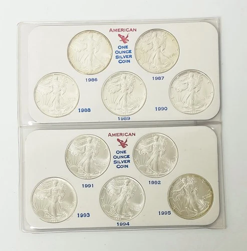 Lot of 10 1986 1995 US Mint American 1 oz 999 Uncirculated Silver Eagle $1 Coins
