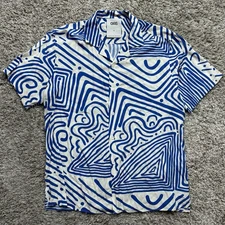 OAS Viscose Eldovado Geometric Blue White Button Up SS Shirt Men’s Size XL