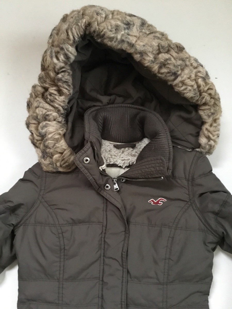 Rare Vintage Y2K Hollister Down Puffer Jacket Faux Fur Hood Preppy 