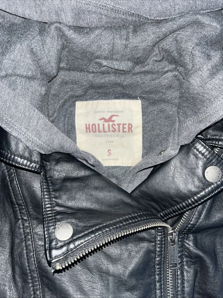 Hollister ~ Sudadera con Capucha de Cuero Sintético Moto Chaqueta de Motocicleta ~ Negro/Gris ~ Talla Pequeña ~ NUEVO SIN ETIQUETAS Foto 2 de 4