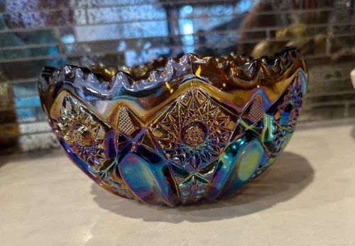VTG 8.5" L.E. Smith Glass Bowl Blue Iridescent Carnival Glass Hobstar Daisy